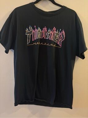 Thrasher Magazine Double Flame Neon Graphic T-Shirt Black, Sz L
